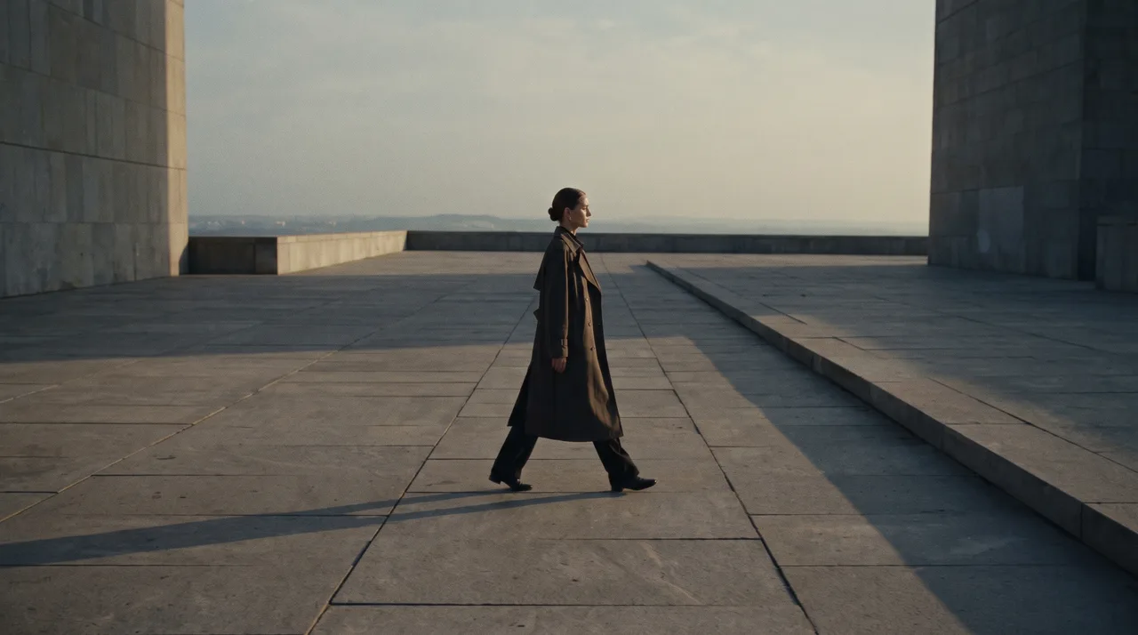 A real shot — a figure walking across a minimalist plaza