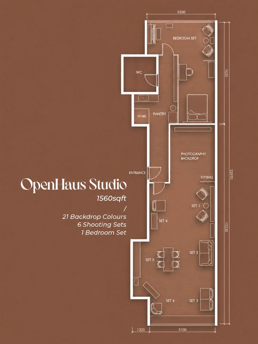 The floor plan — 1,560 sq ft, seven sets.